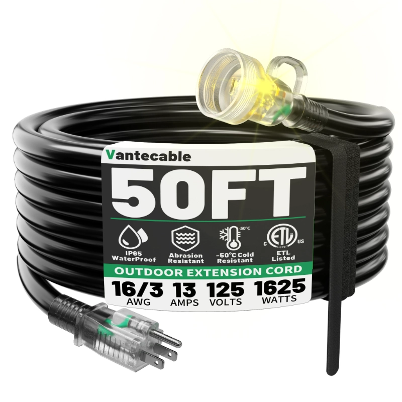 25FT 16 Gauge Black Outdoor Extension Cord Waterproof-Vantecable