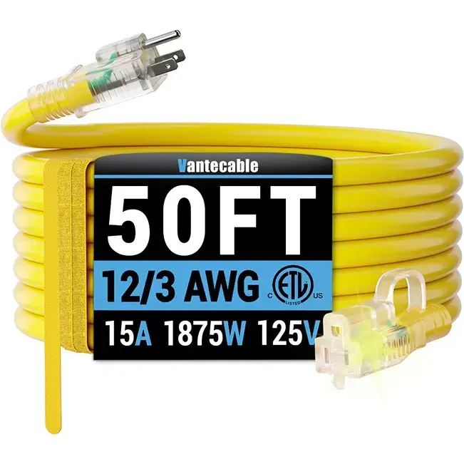[6ft to 500ft] 12/3 Gauge Heavy Duty Outdoor Extension Cord, with LED Lighted End,yellow,Waterproof,ETL,flexible