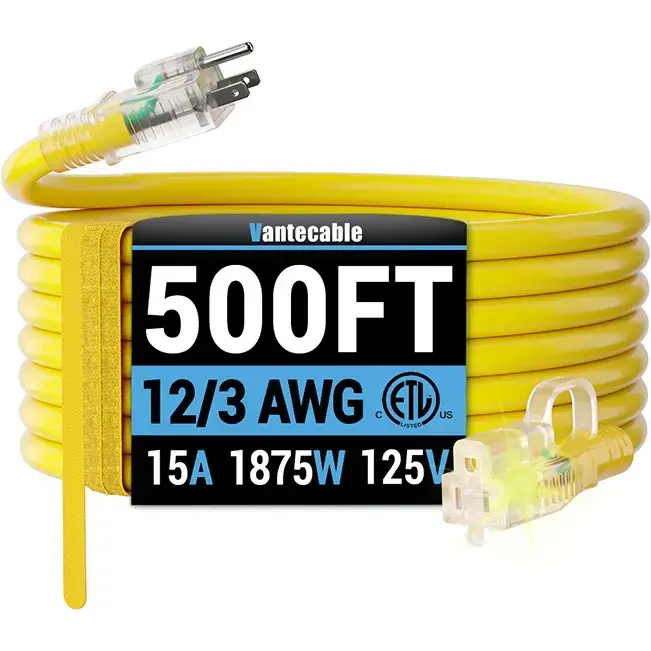 [6ft to 500ft] 12/3 Gauge Heavy Duty Outdoor Extension Cord, with LED Lighted End,yellow,Waterproof,ETL,flexible