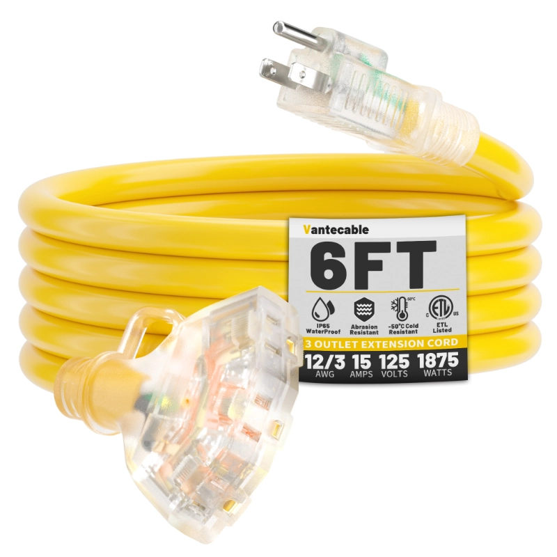 12/3 Gauge Outdoor Extension Cord with Multiple Outlets Light Indicator-Vantecable