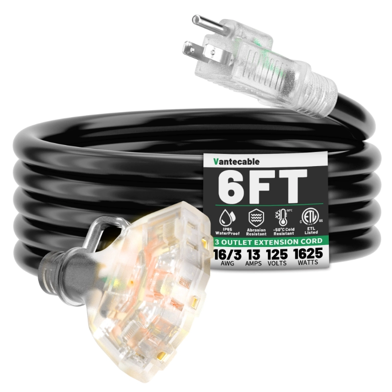 100 FT 16/3 Gauge Outdoor Extension Cord with Multiple Outlets Light Indicator-Vantecable