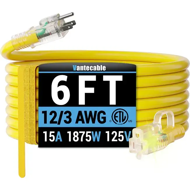 [6ft to 500ft] 12/3 Gauge Heavy Duty Outdoor Extension Cord, with LED Lighted End,yellow,Waterproof,ETL,flexible