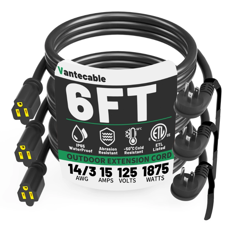 14 Gauge 3 Feet (3 Pack) Flat Plug Extension Cord Black Indoor Outdoor-Vantecable