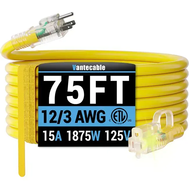 [6ft to 500ft] 12/3 Gauge Heavy Duty Outdoor Extension Cord, with LED Lighted End,yellow,Waterproof,ETL,flexible