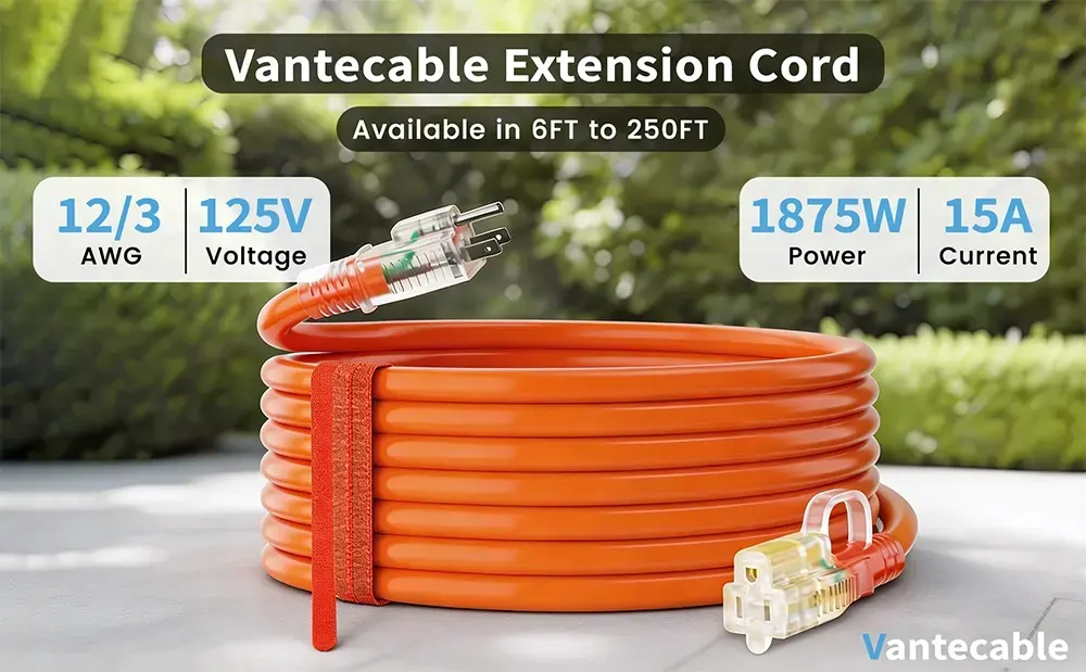 {"default":"Vanteable 12/3 AWG high-visibility orange extension cord specs: 1875W, 15A, 125V with LED lighted end and waterproof jacket."}
