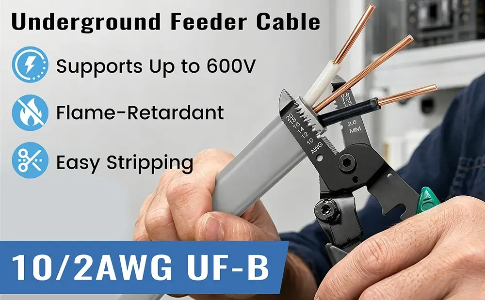 {"default":"10/2 AWG UF-B underground feeder cable featuring flame-retardant jacket and easy stripping design for 600V power supply."}
