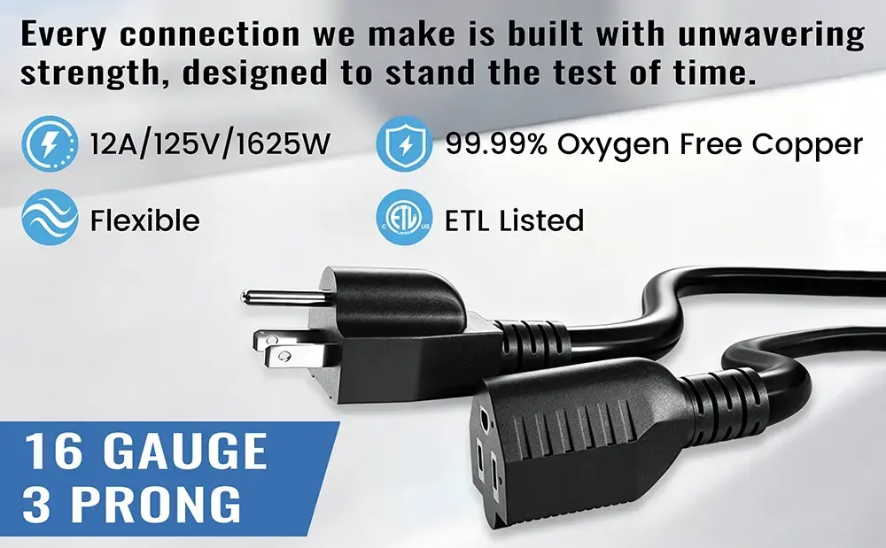 {"default":"16 gauge 3 prong extension cord with ETL listing and oxygen free copper for 1325W power supply."}
