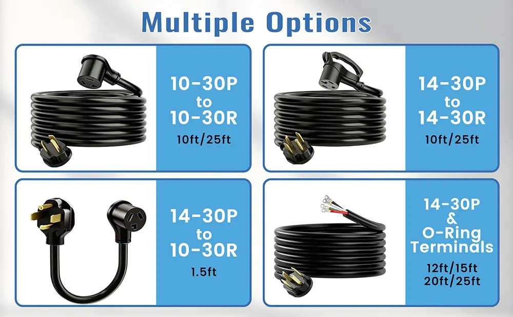 {"default":"10 AWG 30A extension cord multiple options including 10-30P to 10-30R, 14-30P to 14-30R, and 14-30P with O-ring terminals in various lengths"}
