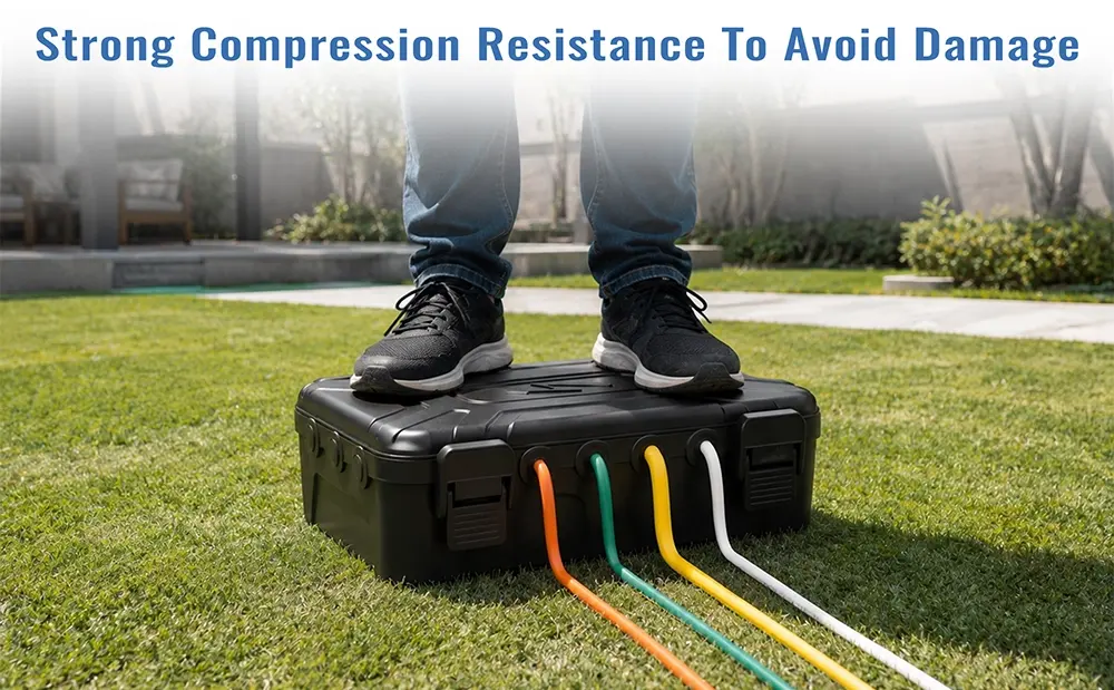 Heavy duty electrical box withstands body weight to protect power connections.
