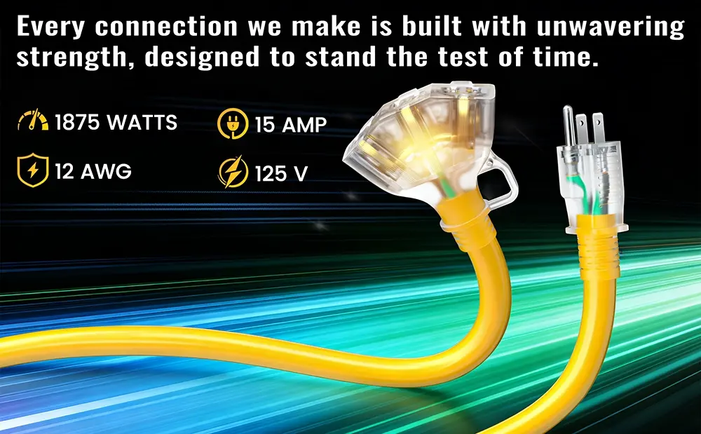 {"default":"Vanteable 12/3 AWG outdoor extension cord technical specifications: 125V, 15A, 1875W with SJTW flexible jacket and LED indicator."}
