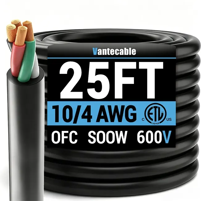 10/4 Gauge SOOW Electrical Wire, 600V, Black, ETL Listed, 25ft