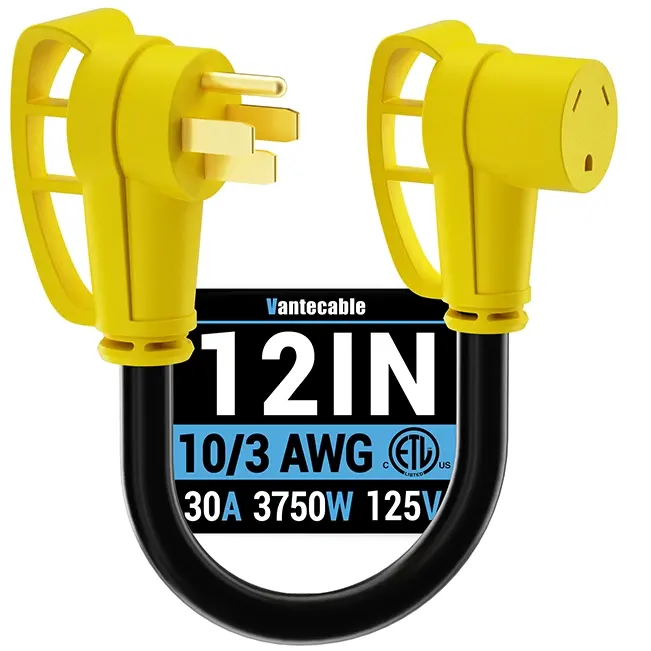 10/3 Gauge 12in 50 Amp to 30 Amp RV Adapter Plug, NEMA 14-50P to TT-30R, Yellow, STW, ETL Listed