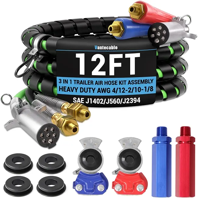 12FT Semi Truck Air Lines Kit with 2PCS Glad Hands, 3-in-1 Air Hoses & 7 Way ABS Electric Power Line, with 2PCS Gladhand Handles, 4PCS Seals and Tender Spring Kit for Semi Truck Trailer Tractor Vantecable