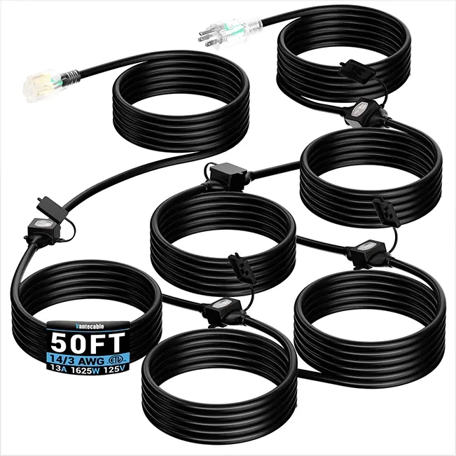 [25ft to 50ft] 14/3 Splitter Outdoor Extension Cord with Multiple Outlets,black,Waterproof,ETL,flexible