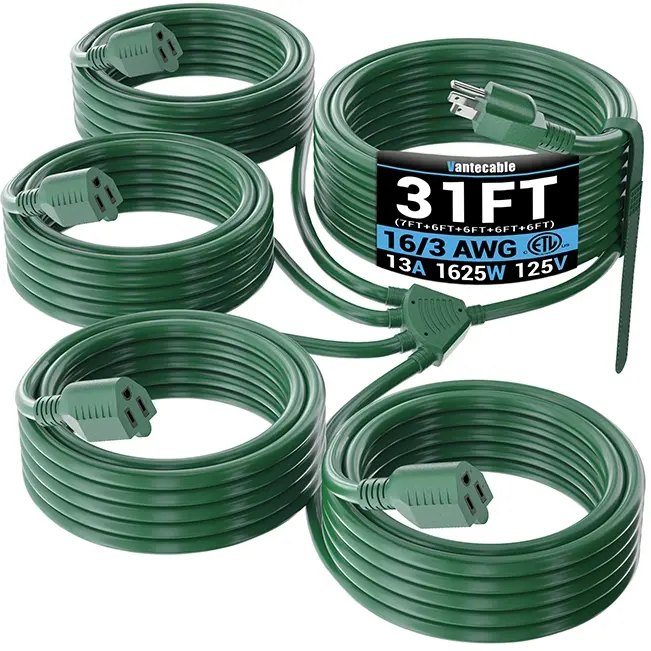 [25ft to 46ft] 16/3 Gauge 1-to-3/4 Splitter Outdoor Extension Cord with Multiple Outlets, Waterproof Heavy Duty Power Hub,green,Waterproof,ETL,flexible