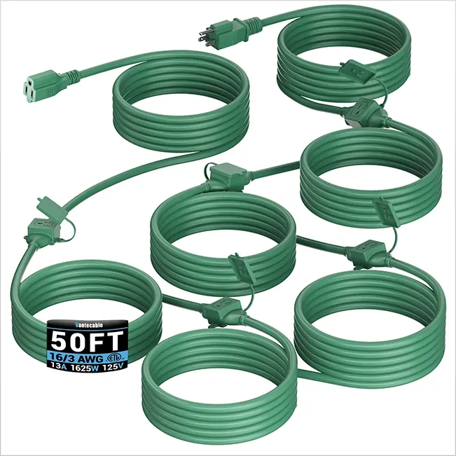[25ft to 50ft] 16/3 Gauge Multi-Outlet Outdoor Extension Cord, Waterproof Power Splitter, Green for Holiday & Landscape,Waterproof,ETL,flexible