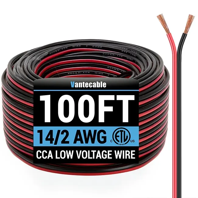 [100ft to 250ft] 14 Gauge Wire, 2 Conductors Electrical Wire Red Black Cable, Low Voltage Copper Clad Aluminum,Waterproof,ETL,flexible