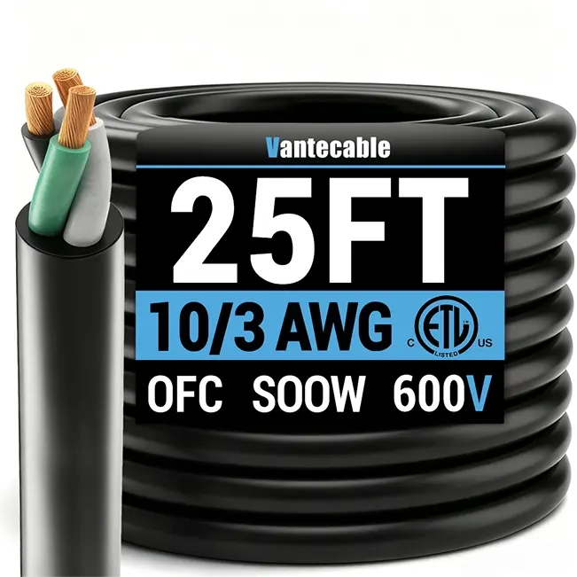 10/3 Gauge SOOW Electrical Wire, 600V, Black, ETL Listed, 25ft-150ft