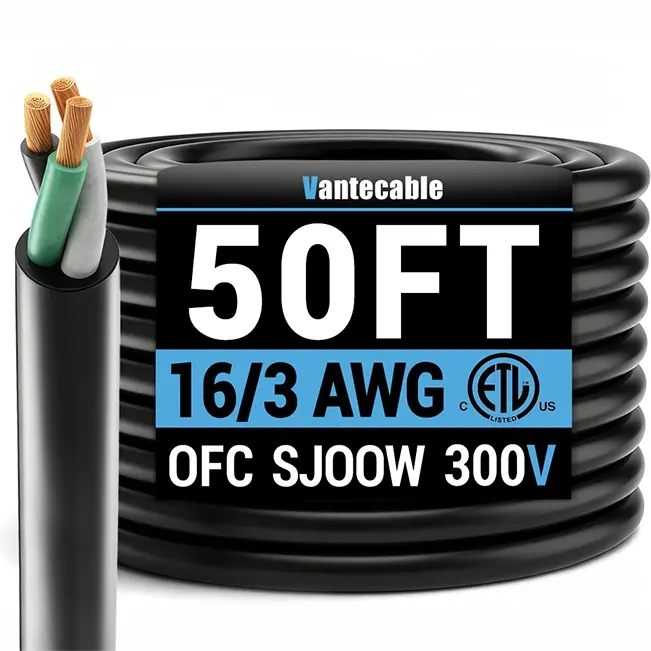 16/3 Gauge SJOOW Electrical Wire, 300V, Black, ETL Listed, 50-100ft