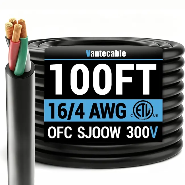 16/4 Gauge SJOOW Electrical Wire, 300V, Black, ETL Listed, 50-100ft
