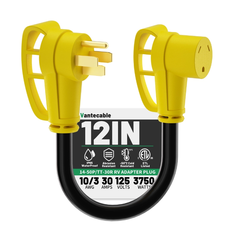 [12 Inch] 10/3 Gauge 50 Amp to 30 Amp RV Adapter Plug, NEMA 14-50P to TT-30R Heavy Duty Dogbone with Easy Grip Handle,Yellow