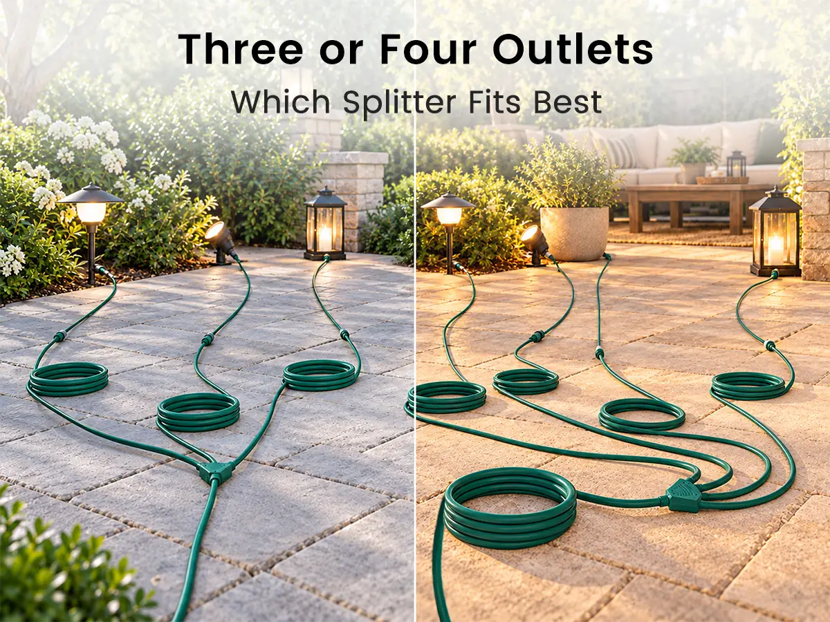 side-by-side comparison of three-outlet and four-outlet outdoor extension cord splitters