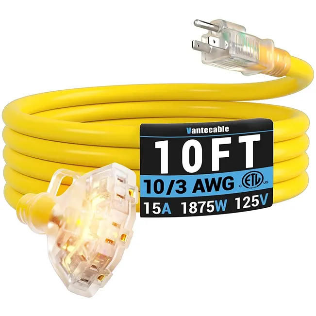 [10ft to 100ft] 10/3 Gauge Multi-Outlet Outdoor Extension Cord, Waterproof Heavy Duty with LED Lighted Indicator,yellow,Waterproof,ETL,flexible,SJTW