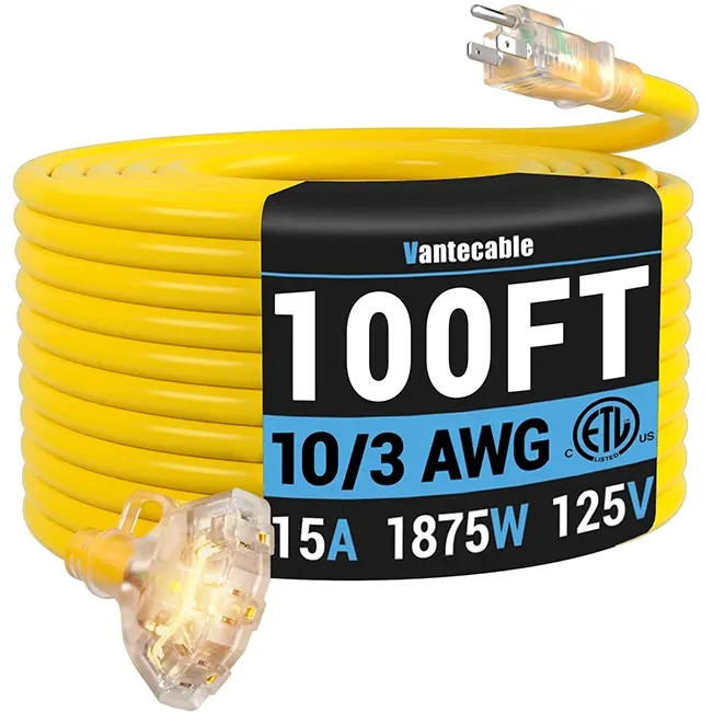 [10ft to 100ft] 10/3 Gauge Multi-Outlet Outdoor Extension Cord, Waterproof Heavy Duty with LED Lighted Indicator,yellow,Waterproof,ETL,flexible,SJTW
