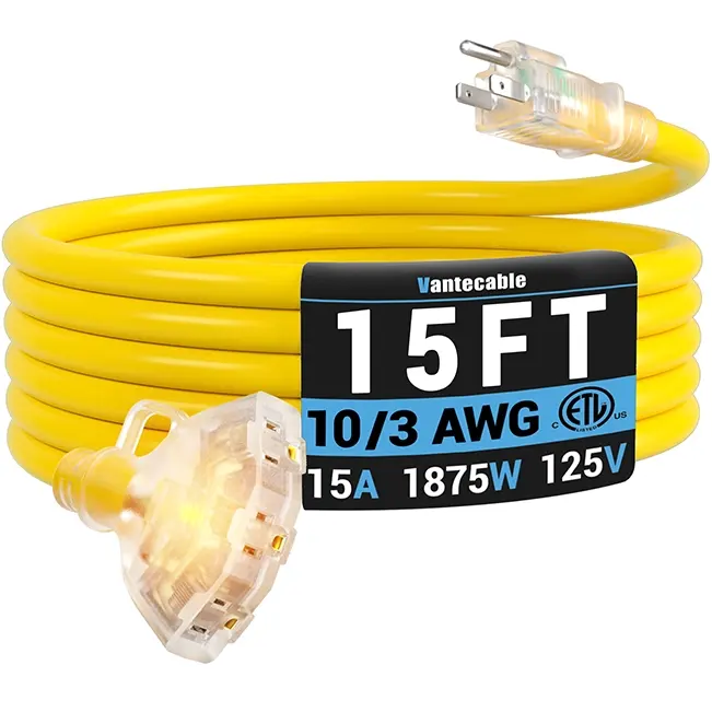 [10ft to 100ft] 10/3 Gauge Multi-Outlet Outdoor Extension Cord, Waterproof Heavy Duty with LED Lighted Indicator,yellow,Waterproof,ETL,flexible,SJTW
