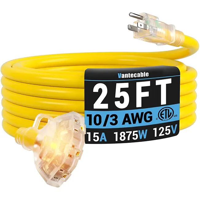 [10ft to 100ft] 10/3 Gauge Multi-Outlet Outdoor Extension Cord, Waterproof Heavy Duty with LED Lighted Indicator,yellow,Waterproof,ETL,flexible,SJTW