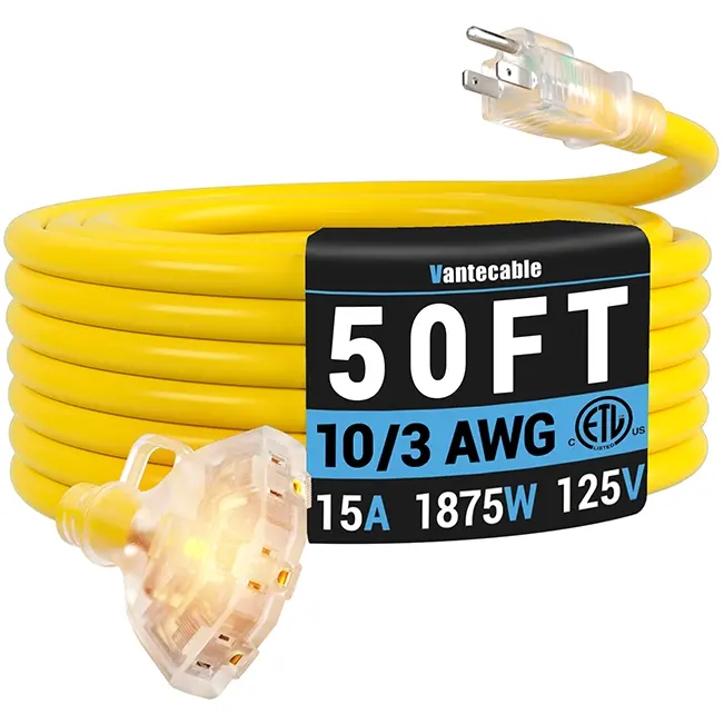 [10ft to 100ft] 10/3 Gauge Multi-Outlet Outdoor Extension Cord, Waterproof Heavy Duty with LED Lighted Indicator,yellow,Waterproof,ETL,flexible,SJTW