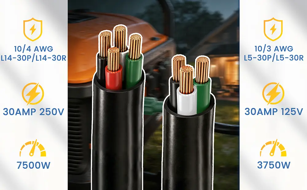 {"default":"10/4 AWG generator power extension cord featuring 4 conductors for 30 Amp 250V 7500W high capacity power output."}
