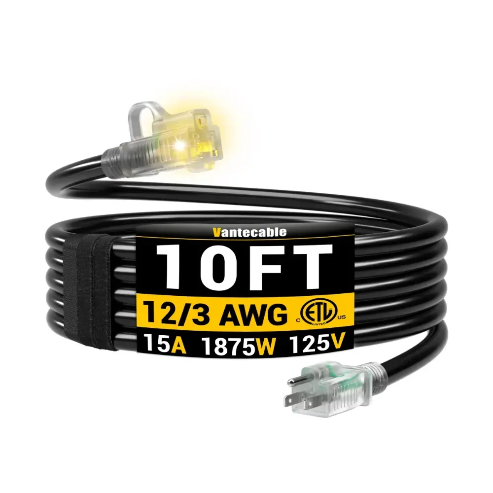 [10ft to 150ft] 12/3 Gauge Heavy Duty Outdoor Extension Cord, Waterproof with LED Lighted End,black,Waterproof,ETL,flexible