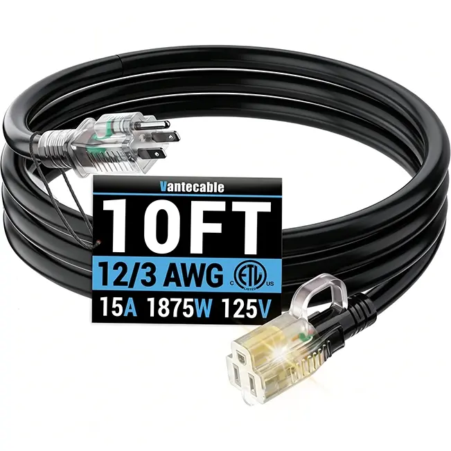 12/3 Gauge Outdoor Extension Cord with LED Lighted End, SJTW, ETL Listed, 6-100 ft