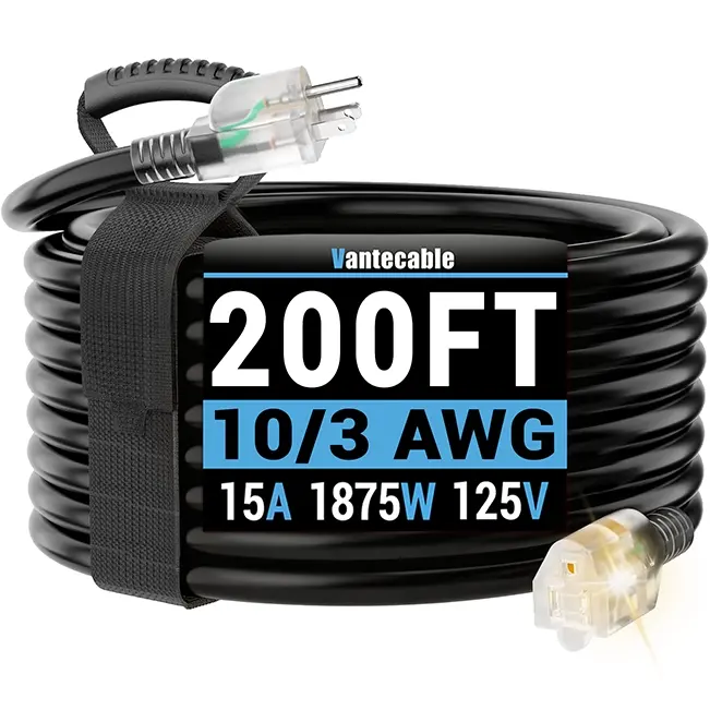10/3 Gauge Outdoor Extension Cord with LED Lighted End, Black, SJTW, 10-200ft