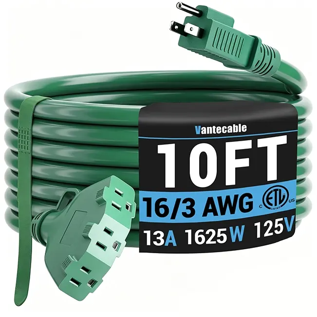 [10ft to 100ft] 16/3 Gauge Multi-Outlet Outdoor Extension Cord, Waterproof Power Splitter, Landscape Green,Waterproof,ETL,flexible