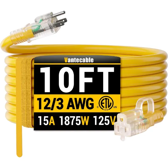 [6ft to 500ft] 12/3 Gauge Heavy Duty Outdoor Extension Cord, Waterproof with LED Lighted End,yellow,Waterproof,ETL,flexible