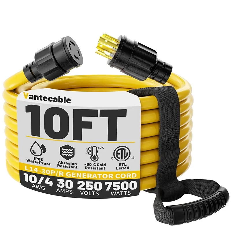 [10ft to 100ft] 10 Gauge 30 Amp Generator Extension Cord 4 Prong, NEMA L14-30P/L14-30R,yellow,,Waterproof,ETL,flexible