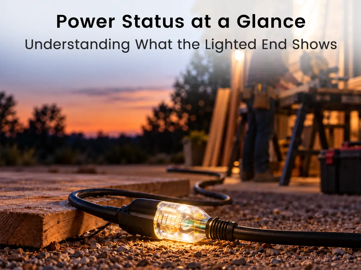 Black 10 AWG outdoor extension cord with an illuminated female connector showing that power has reached the lighted end.