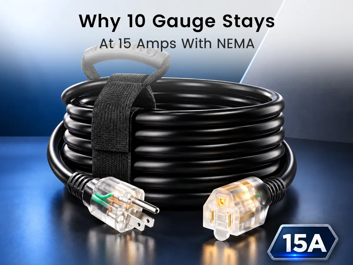 Black 10/3 outdoor extension cord with NEMA 5-15 plug and lighted connector, illustrating a 15 amp cord set.