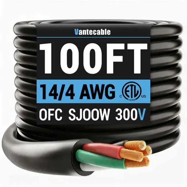 [50ft to 100ft] 14 Gauge Bulk Electrical Wire, 300V Flexible 3 or 4 Conductor Rubber Cable,black,Waterproof,ETL,flexible