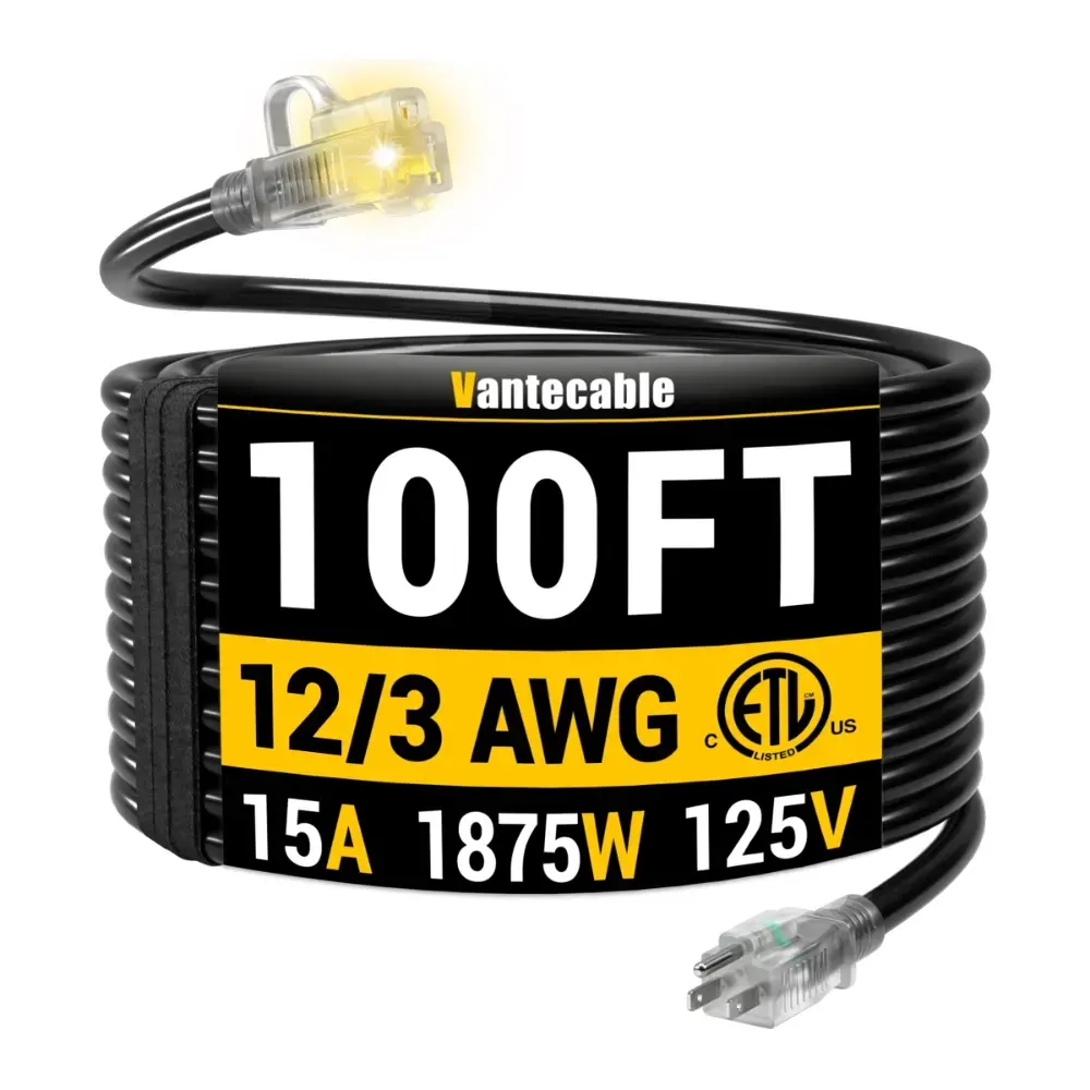 [10ft to 150ft] 12/3 Gauge Heavy Duty Outdoor Extension Cord, Waterproof with LED Lighted End,black,Waterproof,ETL,flexible