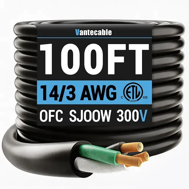 [50ft to 100ft] 14 Gauge Bulk Electrical Wire, 300V Flexible 3 or 4 Conductor Rubber Cable,black,Waterproof,ETL,flexible