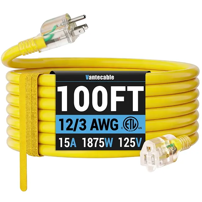 [25ft to 100ft] 12/3 Gauge Heavy Duty Outdoor Extension Cord, Waterproof with LED Lighted End,yellow,Waterproof,ETL,flexible
