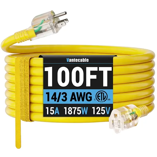 [10ft to 100ft] 14/3 Gauge Heavy Duty Outdoor Extension Cord Waterproof with Lighted,yellow,Waterproof,ETL,flexible