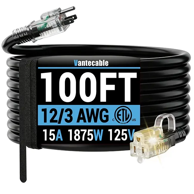 12/3 Gauge Outdoor Extension Cord with LED Lighted End, SJTW, ETL Listed, 6-100 ft