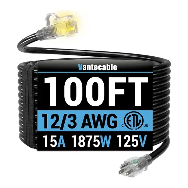 [10ft to 150ft] 12/3 Gauge Heavy Duty Outdoor Extension Cord, Waterproof with LED Lighted End,black,Waterproof,ETL,flexible