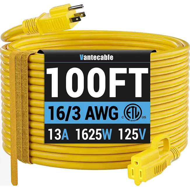 [50ft to 100ft] 16/3 AWG Indoor Outdoor Extension Cord,yellow,Waterproof,ETL,flexible
