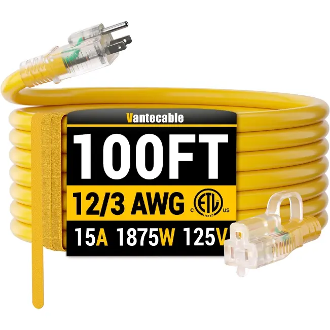 [6ft to 500ft] 12/3 Gauge Heavy Duty Outdoor Extension Cord, Waterproof with LED Lighted End,yellow,Waterproof,ETL,flexible