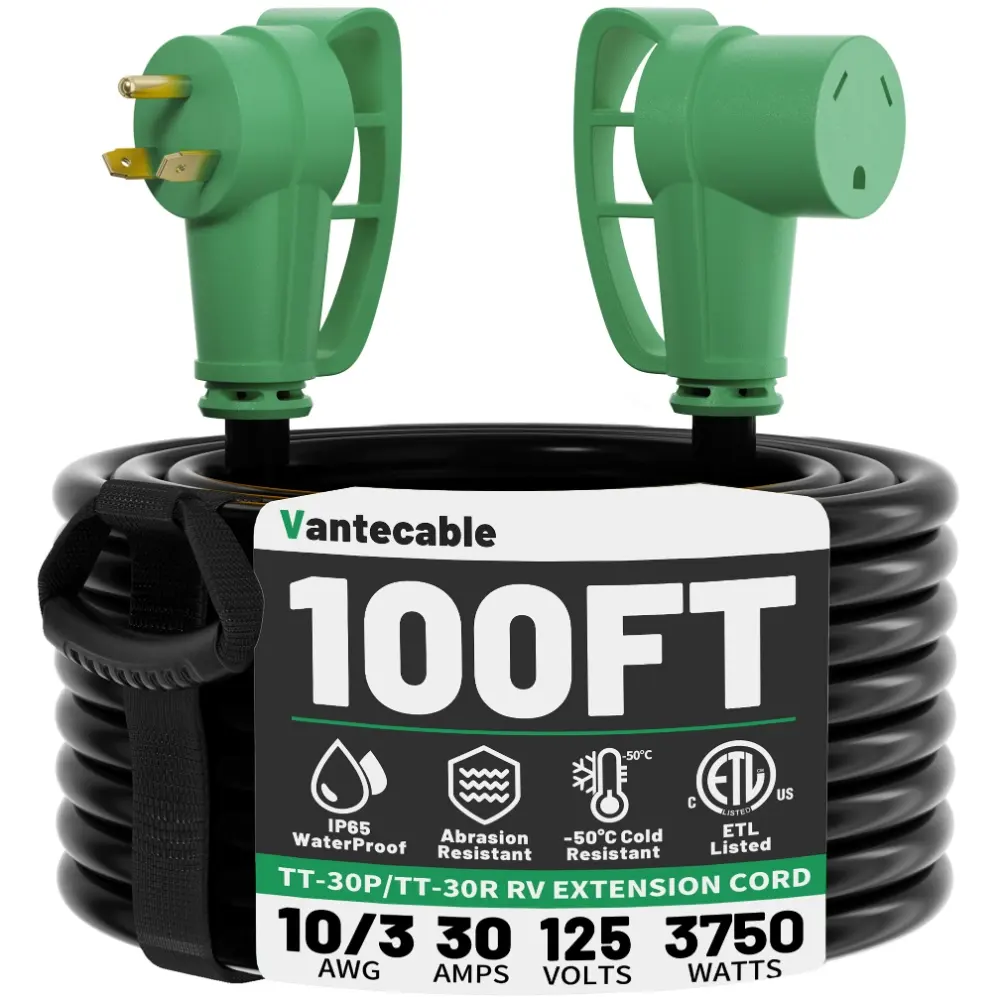 10/3 Gauge 50ft 30 Amp RV Extension Cord, Heavy Duty Waterproof with Easy Grip Handle, green,ETL,flexible
